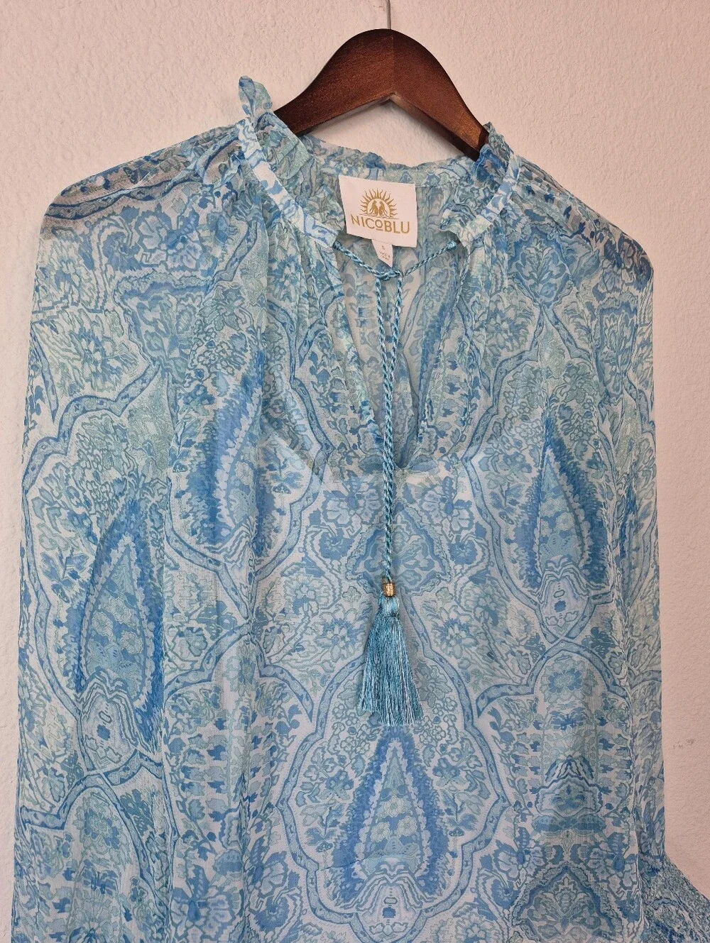 Nicoblu Artemisia Chiffon Blouse Turquoise Paisley Size Small Boho Peasant